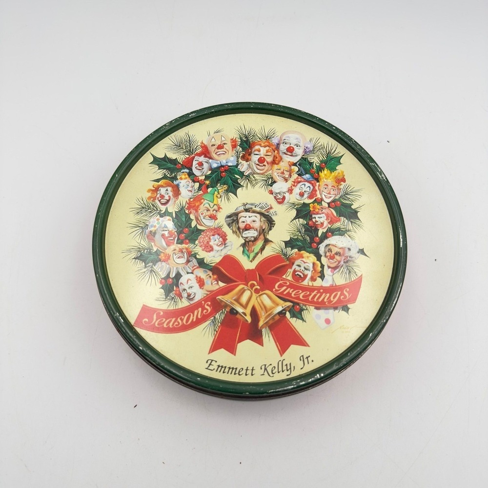 Vintage 1995 Emmett Kelly Jr Clown Wreath‎ Christmas Tin Seasons Greetings Red